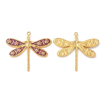 304 Stainless Steel Enamel Pendants, Real 18K Gold Plated, Dragonfly Charm, Brown, 24x27x2mm, Hole: 1.4mm