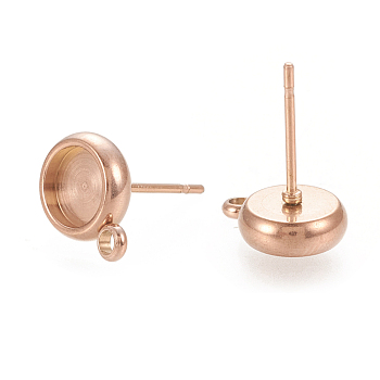 Ion Plating(IP) 304 Stainless Steel Stud Earring Findings, Flat Round, Rose Gold, 11x8mm, Hole: 1.8mm, Pin: 0.7mm, Tray: 6mm