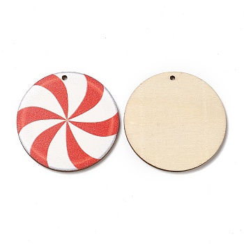 Single Face Christmas Printed Wood Pendants, Flat Round Charms, Red, 45x2.5mm, Hole: 2mm
