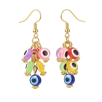 Resin Evil Eye Cluster Dangle Earrings, Gold Plated Brass Jewelry for Women, Colorful, 50mm, Pin: 0.7mm