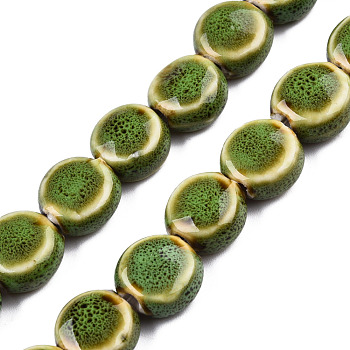 Handmade Porcelain Ceramic Beads Strands, Famille Rose Style, Flat Round, Olive Drab, 12x7mm, Hole: 2mm, about 28~29pcs/strand, 12.28~12.72 inch(31.2~32.3cm)