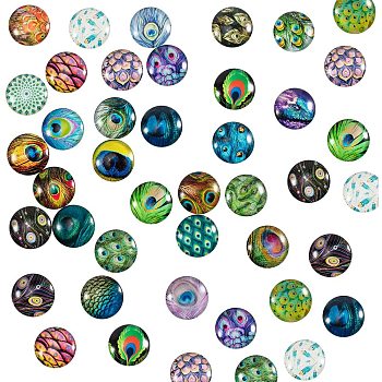 Flatback Glass Cabochons for DIY Projects, Dome/Half Round with Peacock Feathers Pattern, Mixed Color, 25x6mm