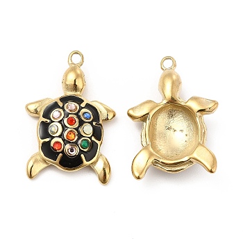 Vacuum Plating 201 Stainless Steel Black Enamel Pendants, Tortoise Charms, with Rhinestone, Real 18K Gold Plated, Colorful, 23.5x16x5mm, Hole: 1.5mm