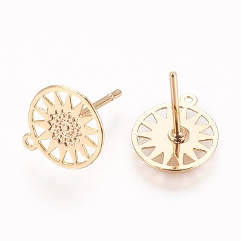 Brass Stud Earring Findings, with Loop, Flat Round with Flower, Real 18K Gold Plated, 11.5x10x0.4mm, Hole: 0.8mm, Pin: 0.8mm