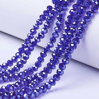Electroplate Glass Beads Strands, Pearl Luster Plated, Faceted, Rondelle, Medium Blue, 3.5x3mm, Hole: 0.4mm, about 123~127pcs/strand, 13.7~14.1 inch(35~36cm)