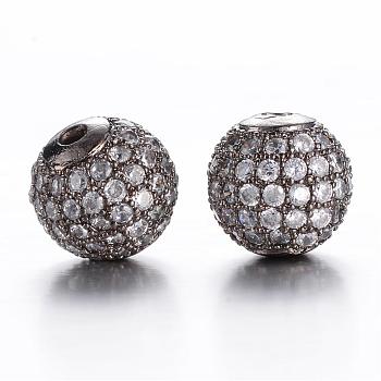 Round Brass Micro Pave Cubic Zirconia Beads, Clear, Gunmetal, 10mm, Hole: 2mm