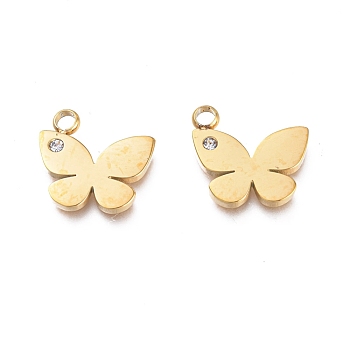 Ion Plating(IP) 304 Stainless Steel Charms, Manual Polishing, with Crystal Rhinestone, Butterfly, Golden, 13.5x12x1.5mm, Hole: 1.2mm