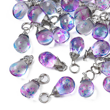 Transparent Glass Pendants, with Platinum Plated Iron Jump Ring, Teardrop, Colorful, 23x9.5x8mm, Hole: 4mm