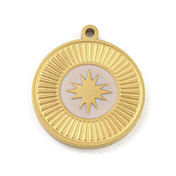 316 Surgical Stainless Steel Enamel Pendants, Flat Round with Star Charm, Golden, White, 17x15x1.8mm, Hole: 1.2mm