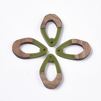 Resin & Walnut Wood Pendants, Teardrop, Green, 28x17.5x3mm, Hole: 1.8mm