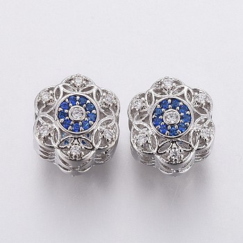 Brass Micro Pave Cubic Zirconia European Beads, Large Hole Beads, Flower, Clear & Blue, Platinum, 11x10x8.5mm, Hole: 4mm