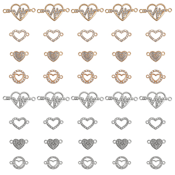 40Pcs 8 Styles Zinc Alloy Connector Charms, with Crystal Rhinestone, Heartbeat Love & Heart Links, Platinum & Light Gold, 29.5x15.5x2.5mm, Hole: 1.6mm, 5pcs/style