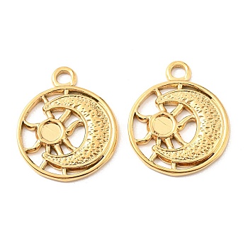 Vacuum Plating 304 Stainless Steel Pendant Cabochon Settings, Flat Round with Moon & Sun, Golden, Tray: 3.8mm, 24.5x20x2mm, Hole: 2.7mm