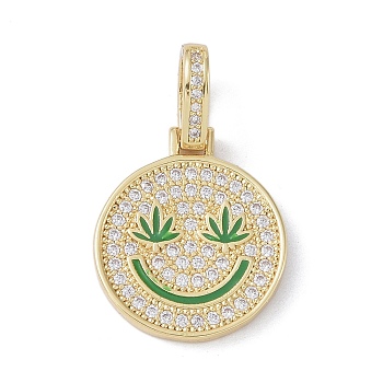 Brass Micro Pave Cubic Zirconia Pendants, Enamel Style, Cadmium Free & Lead Free, Flat Round with Smiling Face, Golden, Medium Sea Green, 21x18x2mm, Hole: 7x4mm