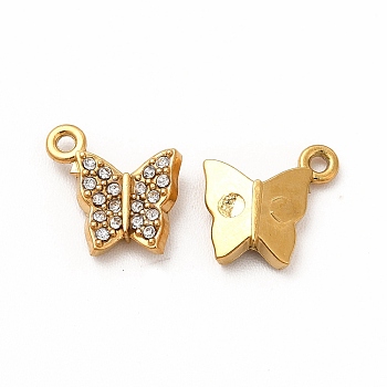 Ion Plating(IP) 316 Surgical Stainless Steel with Crystal Rhinestone Pendants, Butterfly Charms, Real 18K Gold Plated, 11.5x9x2.5mm, Hole: 1mm