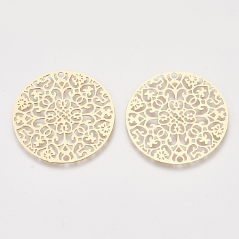 Brass Filigree Joiners Links, Etched Metal Embellishments, Flat Round, Light Gold, 30x0.3mm, Hole: 1.6mm