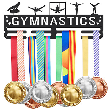 Iron Medal Holder Frame, Medals Display Hanger Rack, 2 Lines, with Screws, Rectangle with Word Gymnastics, Sports Themed Pattern, 150x400mm