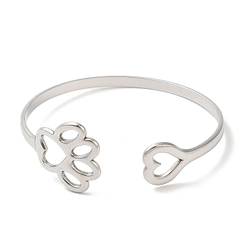 Hollow Dog Paw Print & Heart 304 Stainless Steel Cuff Bangles for Women, Stainless Steel Color, Inner Diameter: 2-1/4 inch(5.8cm)