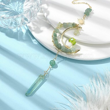 Wire Wrapped Green Natural  Aventurine Chips & Brass Moon Pendant Decorations(HJEW-TA00103-02)-2