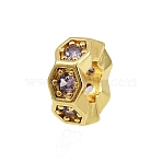 Wave Edge Flat Round Rack Plating Brass Cubic Zirconia European Beads, Large Hole Beads, Long-Lasting Plated, Golden, 8.5~9x4mm, Hole: 4mm(KK-L236-12G)
