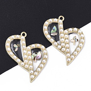 Epoxy Resin Pendants, with ABS Plastic Imitation Pearl, Shell and Light Gold Plated Alloy Open Back Bezel, Heart, Clear, 37.5x29.5x3.5mm, Hole: 1.8mm(RESI-T045-015)