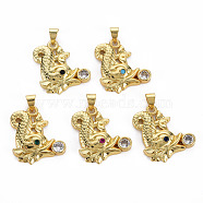 Brass Micro Pave Cubic Zirconia Pendants, Cadmium Free & Nickel Free & Lead Free, Real 16K Gold Plated, Dragon, Mixed Color, 22x19.5x3.5mm, Hole: 3x5mm(KK-Q283-053-NR)