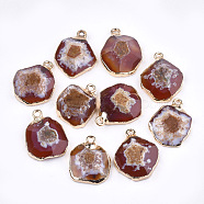 Electroplate Natural Agate Pendants, with Brass Findings, Faceted, Dyed, Golden, Crimson, 17~22x14~18x5~10mm, Hole: 1.8mm(G-T112-18C)
