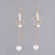 Dangle Earrings, with Glass Pearl Round Beads, Iron Bar Links, Brass Star Pendants and Earring Hooks, with Cardboard Packing Box, Real 18K Gold Plated, 90mm, Pin: 0.6mm(EJEW-JE03955)