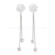 925 Sterling Silver Stud Earrings, with Resin Flower and Imitation Pearl Beads, Platinum, 51.5x9.5mm(EJEW-P296-03P)