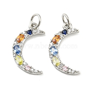Brass Micro Pave Cubic Zirconia Pendants, with Glass and Jump Ring, Moon Charms, Real Platinum Plated, 17x10x2mm, Hole: 3.4mm(ZIRC-L077-038P)