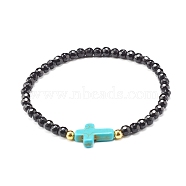 Cross Stretch bracelet for Girl Women, Synthetic Turquoise(Dyed) & Natural White Jade & Malaysia Beads Energy Bracelet, Turquoise(Dyed), Black, 2-1/4 inch(5.6cm)(BJEW-JB06957-01)