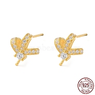 925 Sterling Silver Stud Earring Findings, with Clear Cubic Zirconia, Bowknot, for Half Drilled Beads, with S925 Stamp, Real 18K Gold Plated, 10x8.5mm, Pin: 11x1mm and 0.9mm(STER-M115-17G)