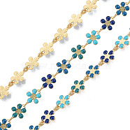 Handmade Brass Enamel Plum Blossom Link Chains, Unwelded, with Spool, Golden, Nickel Free, Teal, 9x6x1mm, about 16.40 Feet(5m)/Roll(CHC-N021-04A)