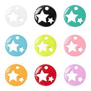 9Pcs 9 Colors Spray Painted Brass Charms, Flat Round with Star, Mixed Color, 14.5x14.5x2.5mm, Hole: 2mm, 1pc/color(KK-LS0001-57)