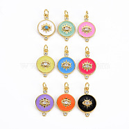 Brass Micro Pave Cubic Zirconia Enamel Pendants, with Jump Rings, Cadmium Free & Nickel Free & Lead Free, Real 16K Gold Plated, Flat Round with Eye, Mixed Color, 20.5x12.5x3mm, Jump Ring: 5x1mm, 3mm inner diameter(KK-Q283-033-NR)
