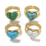 304 Stainless Steel Open Cuff Rings, Synthetic Malachite & Turquoise Heart Finger Rings for Women Men, Real 18K Gold Plated, Adjustable(RJEW-C079-20G)