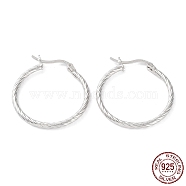 Rhodium Plated 925 Sterling Silver Hoop Earrings, Twisted Round Ring, with S925 Stamp, Real Platinum Plated, 28x2x26mm(EJEW-K258-03B-P)