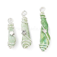 Electroplated Raw Rough Natural Quartz Crystal Copper Wire Wrapped Pendants, Green Plated Teardrop Charms with Bras Star Beads, Platinum, 28~40x7.5~10x10~11mm, Hole: 3.5mm(PALLOY-JF02412-02)