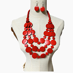 Ethnic Style Wood Flat Round Beaded Multilayer Necklaces & Dangle Earrings Sets, Red, 580mm(WG19BD2-04)