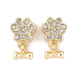 Rack Plating Alloy Rhinestone European Dangle Charms, Paw Print with Dog Bone Large Hole Pendants, Golden, Crystal, 17.5mm, Bone: 7x8x2.5mm, Hole: 4.5mm(FIND-C055-19G-01)