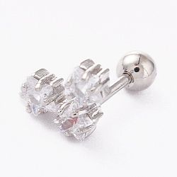 Brass Micro Pave Clear Cubic Zirconia Barbell Cartilage Earrings, with 304 Stainless Steel Pins, Heart, Platinum, 14x10mm, Pin: 1mm(AJEW-P017-15P)