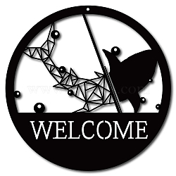 Iron Wall Decorations, with Screws, Flat Round with Whale Shape, Word Welcome, Electrophoresis Black, 30cm(HJEW-WH0013-060)