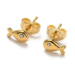 Vacuum Plating 304 Stainless Steel Fish Stud Earrings with Rhinestone for Women, Golden, 4.5x7mm(STAS-D087-11G)