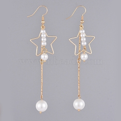 Dangle Earrings, with Glass Pearl Round Beads, Iron Bar Links, Brass Star Pendants and Earring Hooks, with Cardboard Packing Box, Real 18K Gold Plated, 90mm, Pin: 0.6mm(EJEW-JE03955)