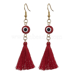 Evil Eye Lampwork & Tassel Earrings, Golden Iron Long Dangle Earrings, Red, 70~72x17~22mm(EJEW-JE05592-03)