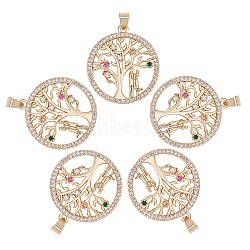 5Pcs Brass Micro Pave Colorful Cubic Zirconia Pendants, Long-Lasting Plated, Lead Free & Cadmium Free, Flat Round with Tree & Couple, Valentine's Day, Real 18K Gold Plated, 28x25x2mm, Hole: 5x3mm(ZIRC-SZ0003-38)