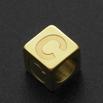 201 Stainless Steel European Beads, Large Hole Beads, Horizontal Hole, Cube, Golden, Letter.C, 7x7x7mm, Hole: 5mm