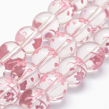 Grade A Natural Quartz Crystal Beads Strands, Round with Cherry Tree, Pink, 10mm, Hole: 1mm, about 38pcs/strand, 15.2 inch