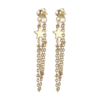 Golden 304 Stainless Steel Stud Earrings, Cable Chains Drop Earrings, Star, 46mm