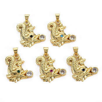 Brass Micro Pave Cubic Zirconia Pendants, Cadmium Free & Nickel Free & Lead Free, Real 16K Gold Plated, Dragon, Mixed Color, 22x19.5x3.5mm, Hole: 3x5mm